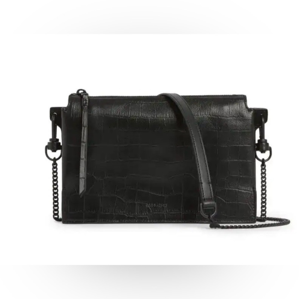 AllSaints Fletcher Leather Crossbody Bag Black Croc-Embossed Leather Crossbody - Picture 2 of 6